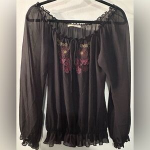 Gemstone, Light Top, Black Size S 
Boho Embroidered Black Peasant Blouse